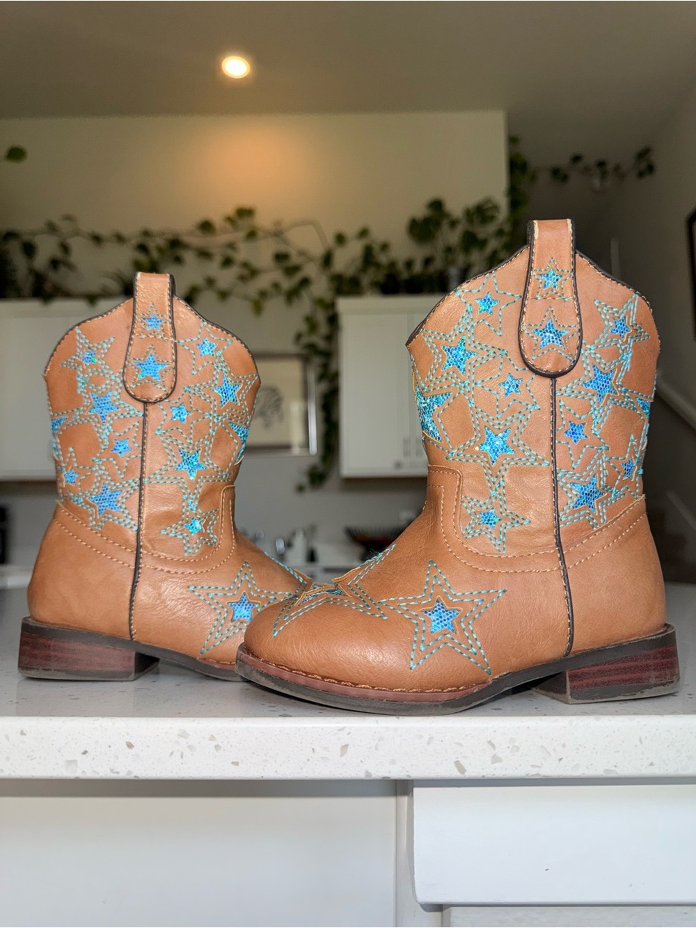 Wonder Nation Tan Cowboy Boots with Blue Star Embroidery